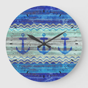 Relógio Grande Âncoras de decoração costeira azul-Marinho russa
