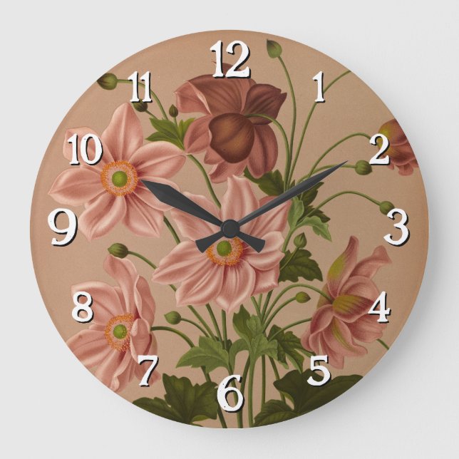 Relógio Grande Anemone Japonica Rosea Exquisite Vintage Botânica (Frente)