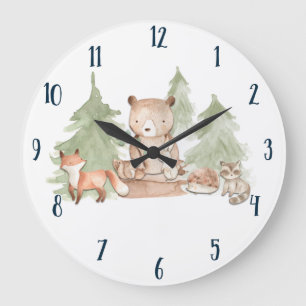 Relógio Grande Animais da Floresta de Aquarela Quarto Infantil