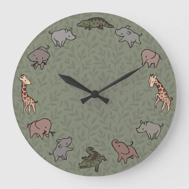 Relógio Grande Animais da Savana (elefante, girafa, crocodilo & r (Frente)