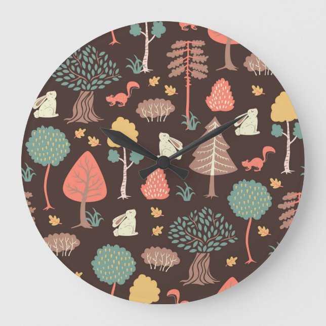 Relógio Grande Animais De Árvores: Cena Natural Desenhada À Mão. (Frente)