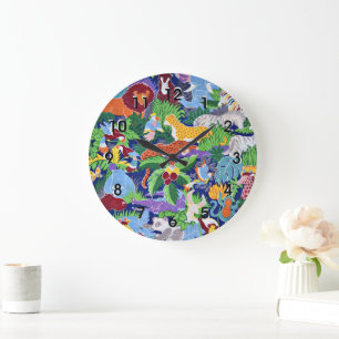 Relógio Grande Animais Safari, padrão colorido,