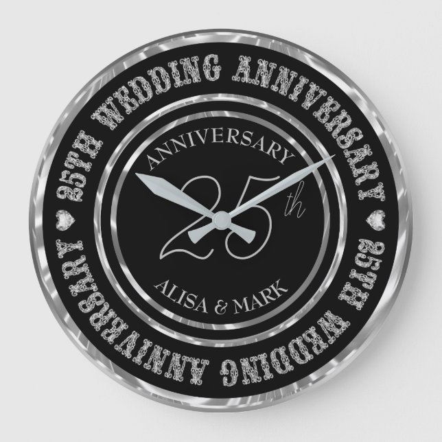 Relógio Grande Aniversário de 25 anos Texto Diamantes (Frente)