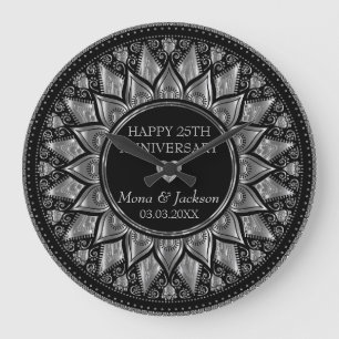 Relógio Grande Aniversário de Casamento de Mandala Floral Silver