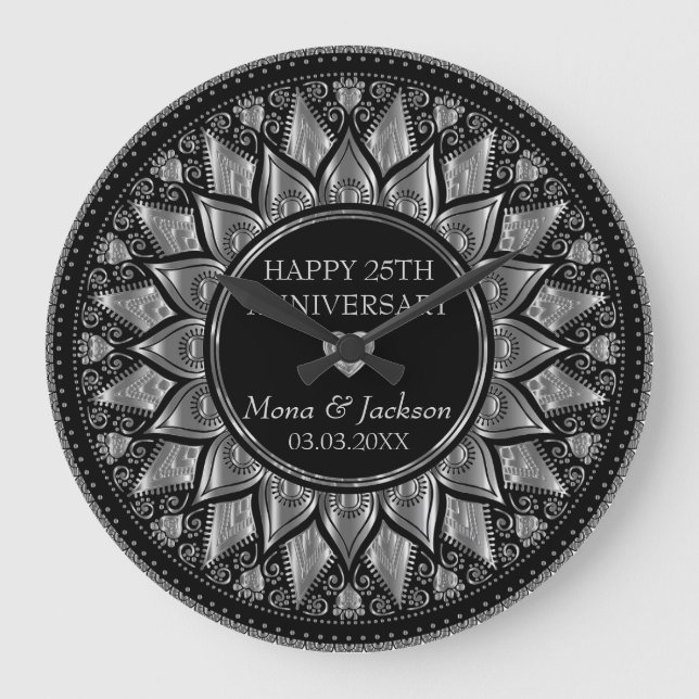 Relógio Grande Aniversário de Casamento de Mandala Floral Silver  (Frente)