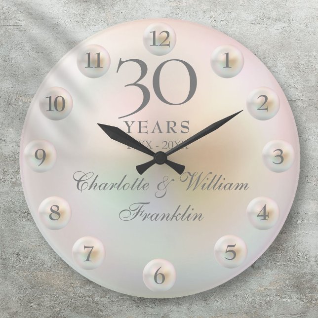 Relógio Grande Aniversário de Casamento do 30 de Pearl do Script  (Elegant Script Pearl 30th Wedding Anniversary Large Clock)