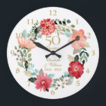 Relógio Grande Aniversário de Casamento do Ouro Floral Garland<br><div class="desc">Apresentando uma delicada camada floral de aquarela,  este relógio botânico de 50º aniversário de casamento pode ser personalizado com seus detalhes especiais de ouro em tipografia elegante. Projetado por Thisnotme©</div>