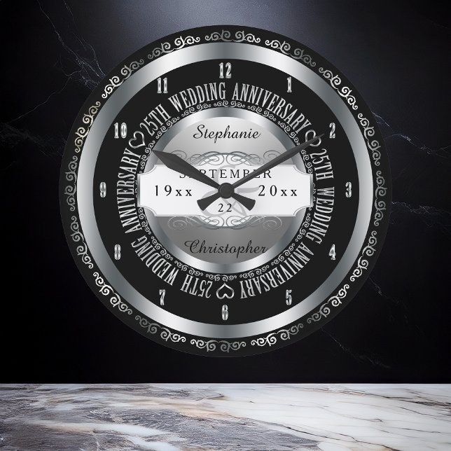 Relógio Grande Aniversário de Casamento Elegante de 25 Negra e Pr (Elegant Black and Silver Tone 25th Wedding Anniversary Large Clock)