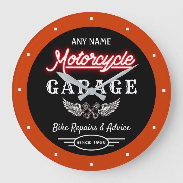 Relógio Grande Any Name Red Faux Neon Garage Date Orange Black  (Frente)