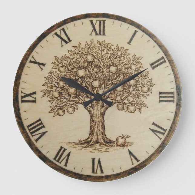 Relógio Grande Apple Tree Wall Clock – Wood-Burned Style (Frente)