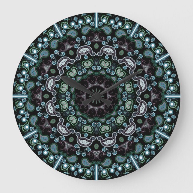 Relógio Grande Aqua, Black and Sage Boho Style Paisley (Frente)