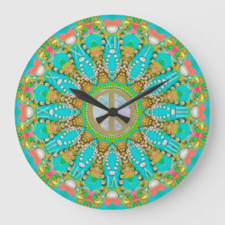 Relógio Grande Aqua Dourada Groovy Fractal Gems Peace Mandala