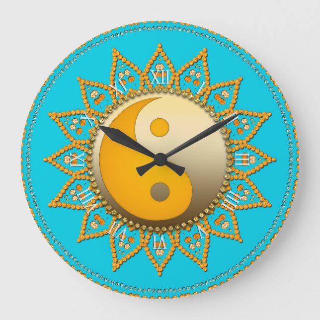 Relógio Grande Aqua Dourada YinYang Tuscan Sun Home Decor Clock (Frente)