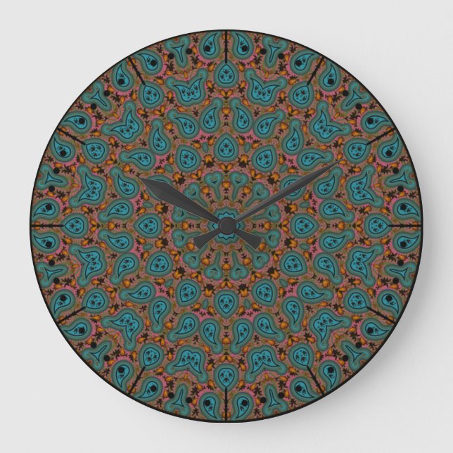 Relógio Grande Aqua e Brown Boho Paisley Kaleidoscope (Frente)