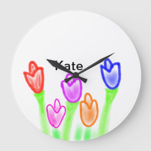 Relógio Grande Aquarela de tulipas coloridas com texto de nome mo