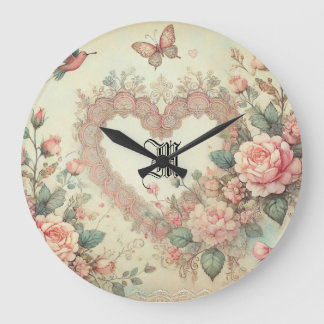 Relógio Grande Aquarela Pastel Vintage Boho Florais Corações