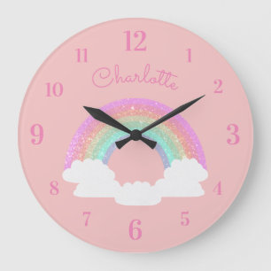 Relógio Grande Arco-íris Brilhante Pastel com Nome Personalizado