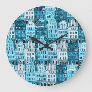 Relógio Grande Arquitetura de Amsterdã, textura azul de aquarela.