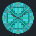 Relógio Grande Art Deco 1920 Geométrico Padrão Verde Verde-Teal<br><div class="desc">Esta bela design do relógio original é feita num estilo de deco de arte geométrica que lembra os modernos anos 20. As formas retangulares apontam para dentro em direção às mãos do relógio. As cores são feitas em vários tons de verde e azul, que vão do chalé à turquesa ao...</div>