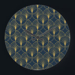 Relógio Grande Art Deco Elegance: Fan Motifs<br><div class="desc">Estilo elegante de Deco de Arte com estilo sem costura com forma de ventilador Motifs de ouro em fundo azul escuro. Textura geométrica de abstrato. Adote o estilo nativo americano com essa intrincada ilustração. Elegância Vintage em Estilo Nativo Americano. deco, padrão, sem costura, círculo, motif, palma, ouro, folha, fundo, geométrico,...</div>