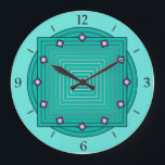 Relógio Grande Art Deco Geométrico, Aqua e Turquoise Blue<br><div class="desc">Relógio em padrões geométricos sobrepostos,  consistindo em faixas de gradiente,  que vão de aqua a tartaruga/palha profunda,  sobre fundo aqua leve,  com sotaque em forma de diamante em 3 d,  às horas</div>