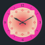 Relógio Grande Art Deco Geométrico, Fuchsia Pink e Coral<br><div class="desc">Relógio em padrões geométricos sobrepostos,  consistindo em faixas de gradiente,  que vão de creme a cor-de-coral profundo,  num fundo cor-de-rosa fuchsia,  com sotaque em forma de diamante em 3 d,  às horas.</div>