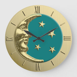 Relógio Grande Art Deco Moon e Estrelas - Teal e Dourado