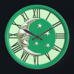 Relógio Grande Art Deco Moon Face - Jade Green e Silver<br><div class="desc">A lua de arte clássica e as estrelas design em prata escovada com um olhar de esmalte,  jade verde fundo</div>