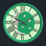 Relógio Grande Art Deco Moon Face - Jade Green e Silver<br><div class="desc">A lua de arte clássica e as estrelas design em prata escovada com um olhar de esmalte,  jade verde fundo</div>