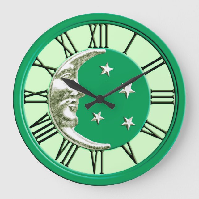 Relógio Grande Art Deco Moon Face - Jade Green e Silver (Frente)