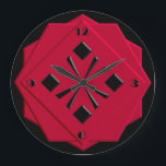 Relógio Grande Art Deco - Padrão geométrico vermelho chinês<br><div class="desc">Arte Deco,  estilizada,  preta sobre o padrão geométrico vermelho-chinês sobre fundo preto,  em formas empilhadas,  de aparência 3-d com bordas facetadas - arte digital</div>