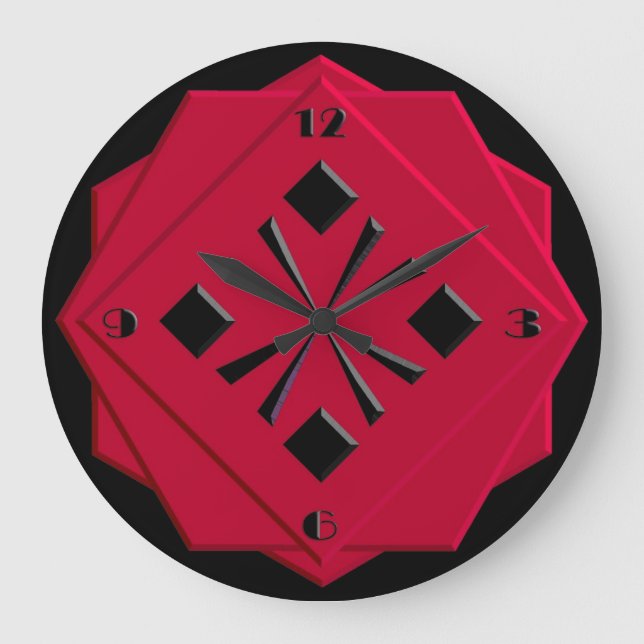 Relógio Grande Art Deco - Padrão geométrico vermelho chinês (Frente)