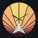 Relógio Grande Art deco sun em Dawn Wall Clock<br><div class="desc">Um padrão solar clássico de deco de arte em cores de madrugada. Um padrão icônico da ascensão solar por trás de um edifício estilizado em forma de arte. Um design simples,  mas elegante,  verdadeiro à era.</div>
