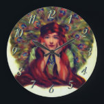 Relógio Grande Art nouveau deco elegante mulher, penas de pavão<br><div class="desc">Uma nouveau de arte,  a ilustração da vintagem de arte deco de uma mulher de cabelos longos,  vermelha,  enquadrada com penas de pavão Uma elegante ilustração vintage de uma beleza clássica.</div>