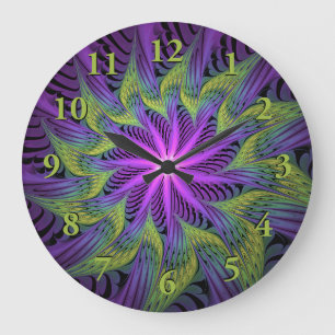 Relógio Grande Arte abstrata fractal moderna flor roxa verde