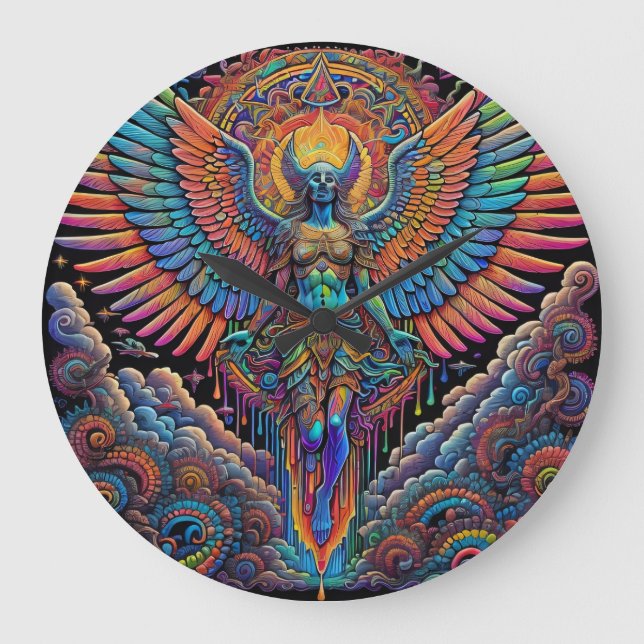 Relógio Grande Arte Anjo Colorida Psicodélica (Frente)