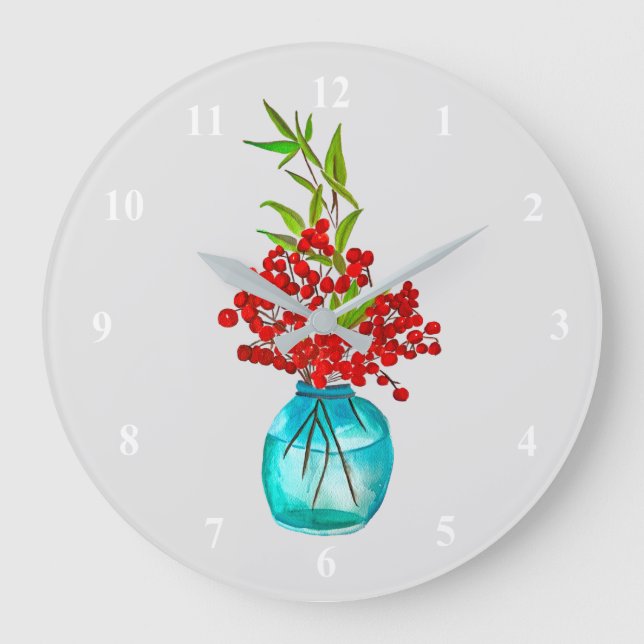 Relógio Grande Arte aquarela de fruta vermelha de Natal (Frente)