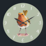 Relógio Grande Arte bonito da aguarela do pássaro vermelho do<br><div class="desc">Esta é uma pintura da aguarela de um pisco de peito vermelho em um ramo de árvore. É cauda está acima no ar.</div>