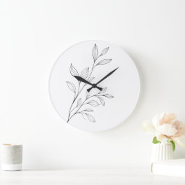 Relógio Grande Arte Botânica Minimalista em Linha Preta