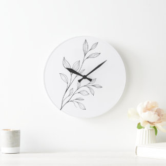 Relógio Grande Arte Botânica Minimalista em Linha Preta