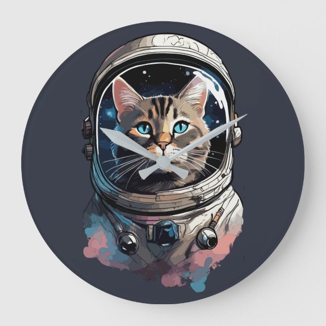 Relógio Grande Arte de Aquarela de Gato Astronauta no Espaço (Frente)