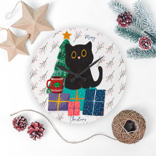 Relógio Grande Arte de Café de Gato Preto Fofo Natal Festivo