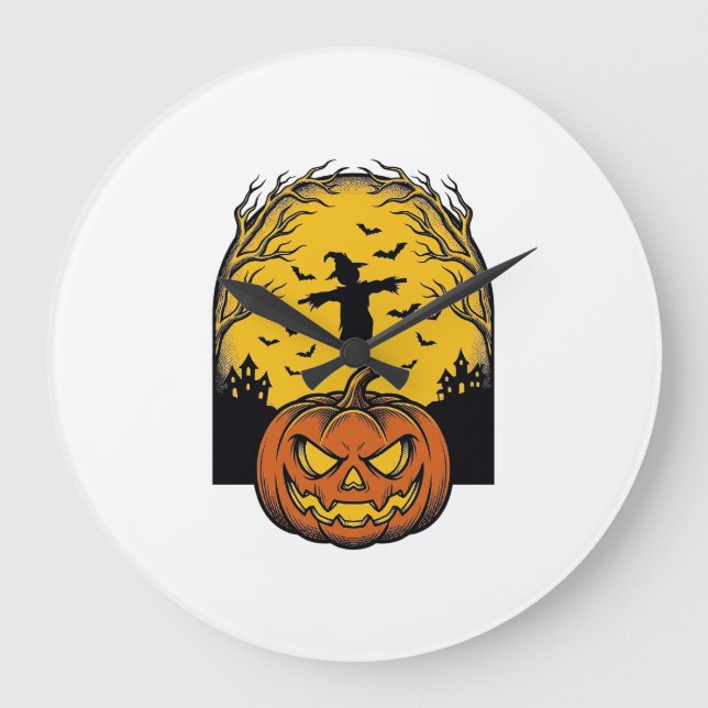 Relógio Grande Arte de Espantalho de Lua de Abóbora de Halloween  (Frente)