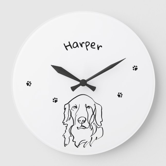 Relógio Grande Arte de Linha de Retriever de Ouros Personalizável (Frente)