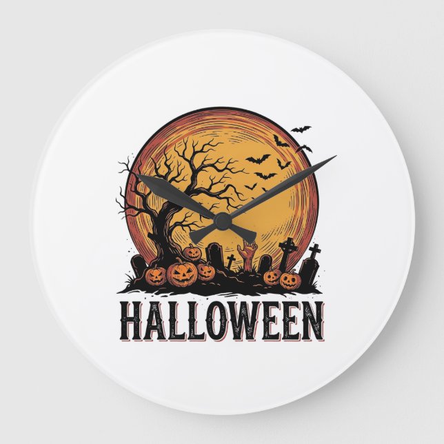 Relógio Grande Arte de Morcego Lua de Cemitério de Halloween Vint (Frente)