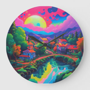 Relógio Grande Arte de Paisagem Japonesa Psicodélica