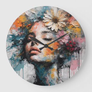 Relógio Grande Arte de Parede de Mulher Floral Abstrata de Luxo