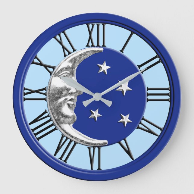 Relógio Grande Arte Deco Moon e Estrelas - Azul Cobalto e Prata (Frente)