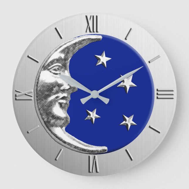 Relógio Grande Arte Deco Moon e Estrelas - Azul Cobalto e Prata (Frente)