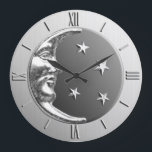 Relógio Grande Arte Deco Moon e Estrelas - Cinzas/Cinzas e Prata<br><div class="desc">Arte clássica Deco lua e estrelas design em prata escovada,  com uma pedra hematita / cinza esmalte</div>